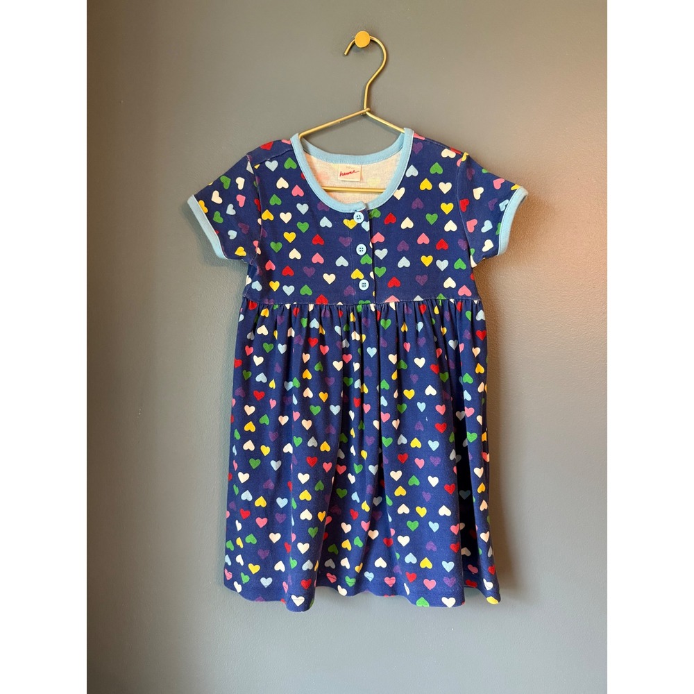 Hanna Andersson Girls Blue Multi Color Heart Print Cotton Rib Knit Dress 110cm